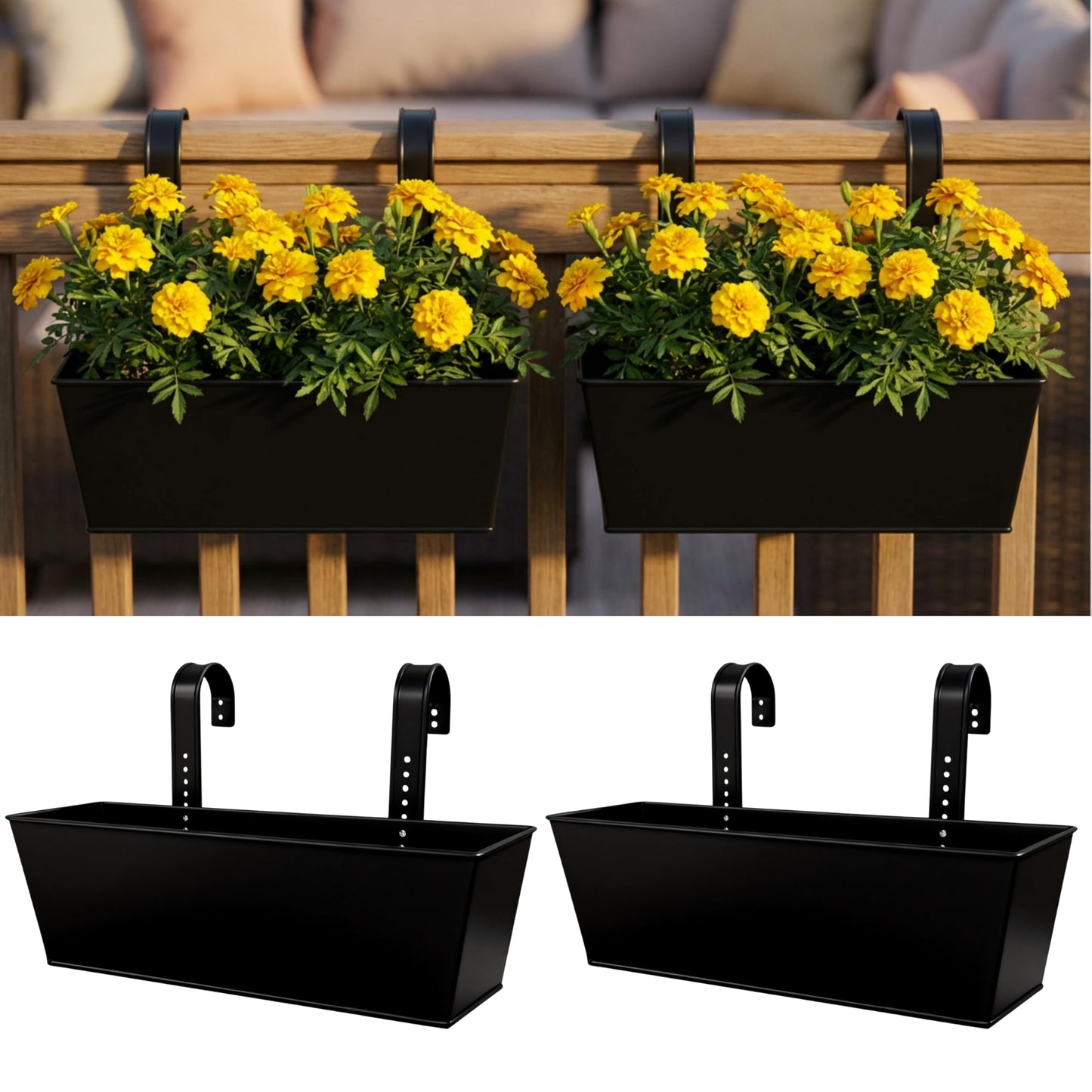 LaLaGreen Rail Planters (16 Inch, 2 Pack) Black Metal Rectangle Plants Boxes Hanging Flower Pots Patio Decor Apartment Balcony Outdoor Planter Deck Railing Fence Rail Decorations Garden Baskets Pot