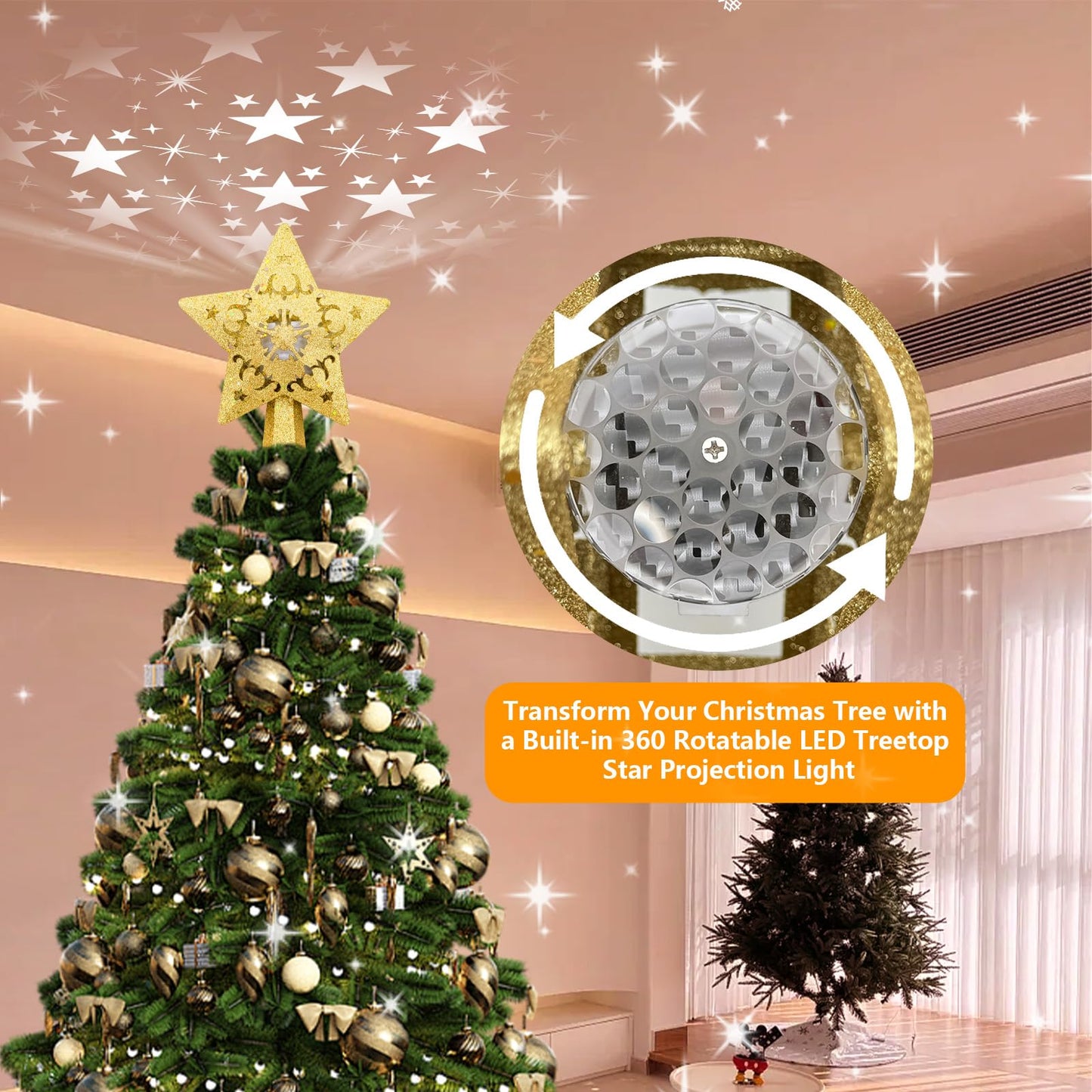 Christmas Star Tree Topper with Rotating LED Projector Lights, 3D Gold Glitter 5-Point Star, Plug-in Tree Top Ornament for Indoor Christmas Tree Decorations Holiday Decor