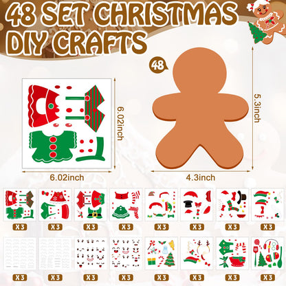 Frienda 48 Set Christmas Gingerbread Craft Kit Make a Gingerbread Man Ornament Stickers Bulk DIY Arts and Crafts for Xmas Tree Decoration Fun Christmas Party Favors Home Game Activities