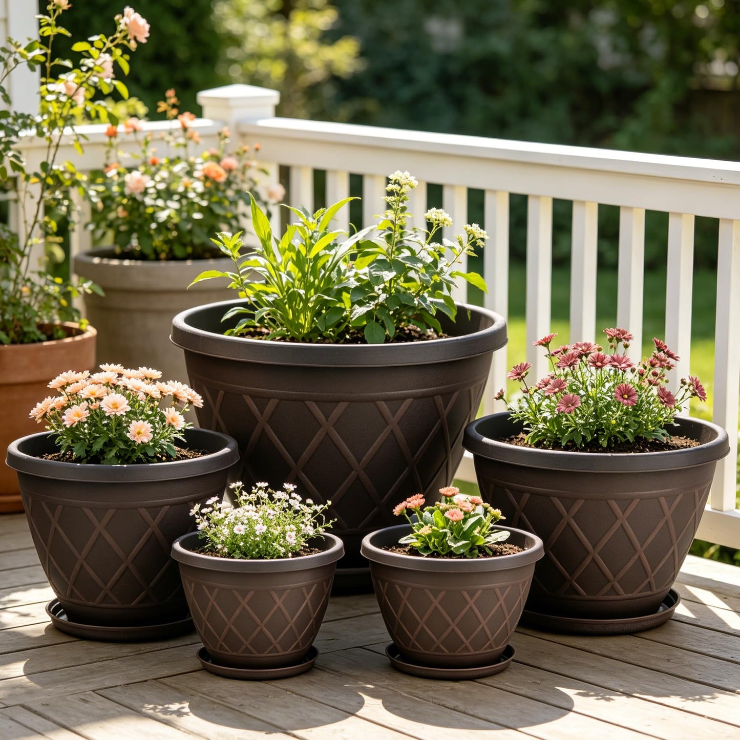 4 Pack 10 Inch Plant Pot, Planter Pots with Drainage Holes & Saucers, Modern Plaid Pattern Planters Garden Pots for Herbs, Decorative Plastic Flower Pots for Outdoor Indoor Home Plants (Brown)