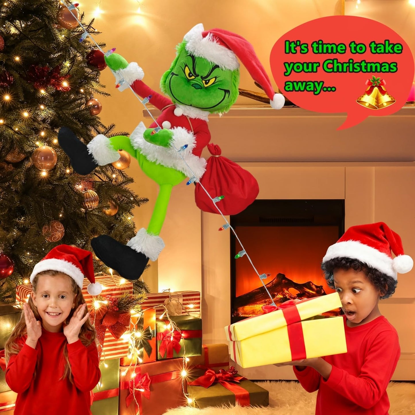 Christmas Green Monster Decorations, 23.6in Light Up Green Santa with LED String Lights Christmas Tree Ornaments, Pose-able Stuffed Doll for Outdoor Indoor Lawn Decoration