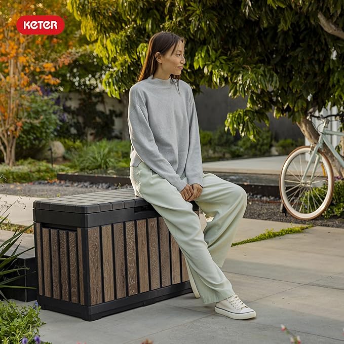 Keter Signature Everwood 50 Gallon Resin Deck Box for Outdoor Storage – Weather‑Resistant Balcony & Patio Box for Cushions, Throw Pillows & Garden Tools, Walnut