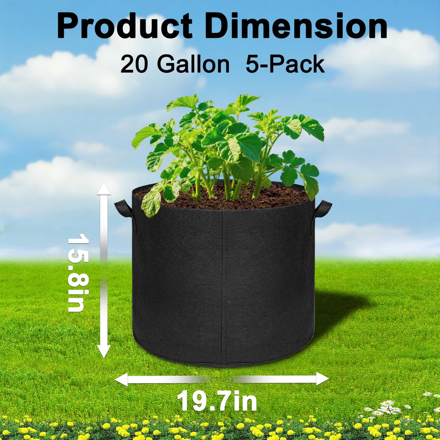 Hemikaki 5-Pack 20 Gallon Grow Bags, Large Nonwoven Fabric Pots with Handles for Planting Fruits, Vegetables, Flowers Indoor Outdoor