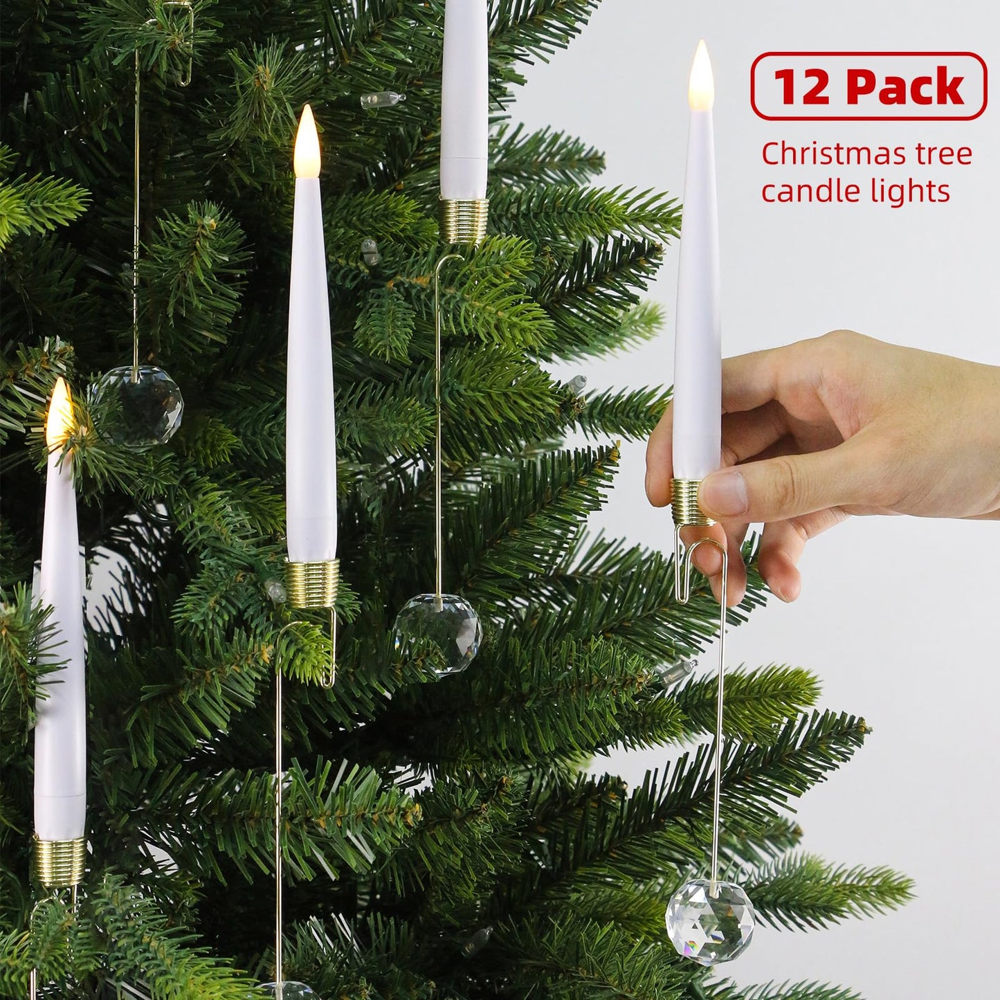 Sunjas Christmas Tree Candles with Magic Wand 12 Pack Flameless Candles for Christmas Tree Flickering Battery Operated LED Candle for Holiday Home Party Decor with Crystal Ball Hook