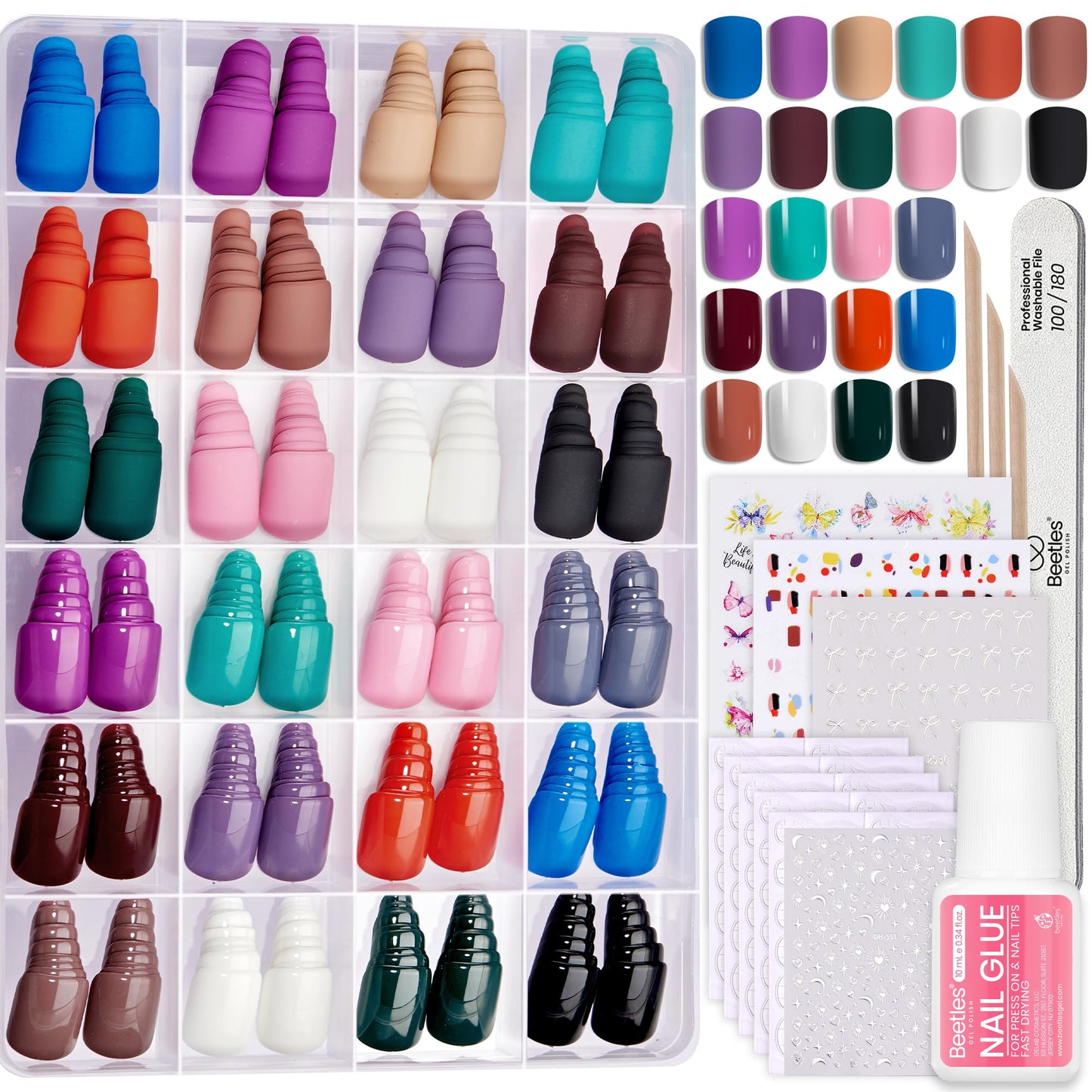 Beetles Press on Nails Kit 720Pcs 24 Colors, Press on Nails Short Almond Glossy Matte Glitter With Nail Glue & Nail Tabs Stickers, Natural Fit Lightweight Fake Nails Kit Art For Women Girls