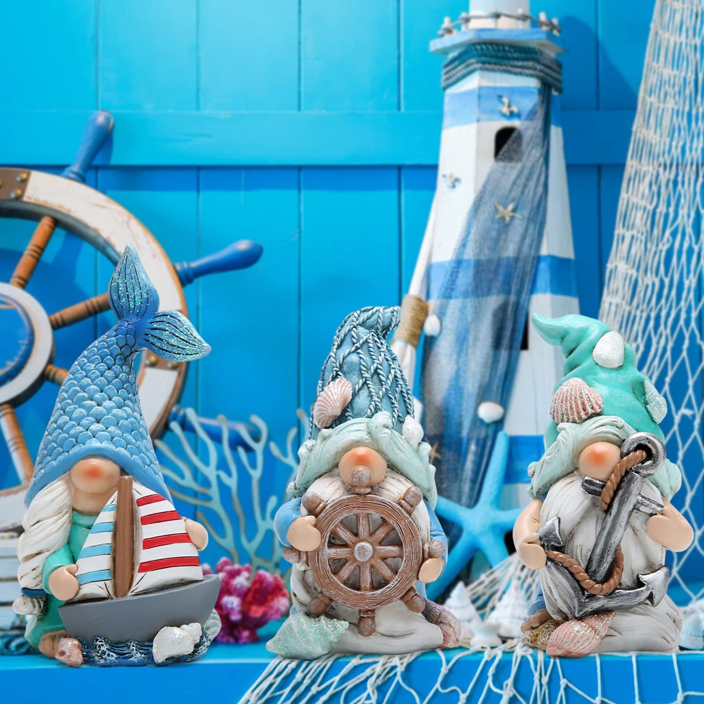 Hodao Coastal Nautical Gnome Figurines Set, Ocean Theme Resin Gnome Decor with Anchor Helm Sailboat, Beach Coastal Home Tabletop Decoration Gift for Spring Summer All Season