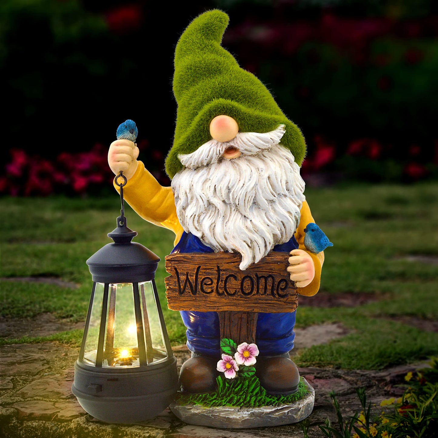 Olekki Christmas Garden Gnomes Outdoor - Flocked Gnome Statue Holding Lantern with Solar LED Lights | Gnomes Garden Decorations for Patio, Yard, Lawn Ornaments - Gnome Gifts