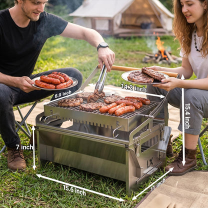 360° Rotating Charcoal Grill with Flipping Basket, Portable Stainless Steel BBQ Grill for Camping, Picnic & Backyard, Detachable Outdoor Barbecue Smoker Grill with Carry Bag, 15.6" × 15.4" × 11"