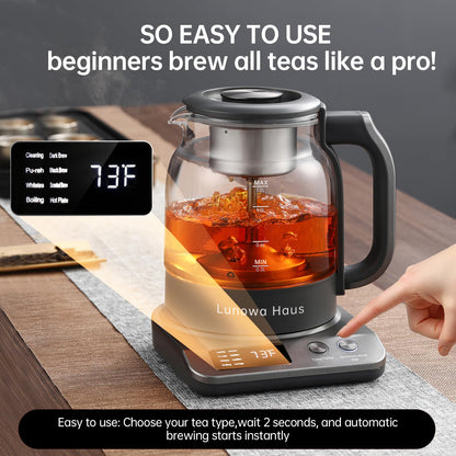 Lunowa Haus 120V Titanium & Glass Electric Tea Kettle, Pro Steam Extraction for All Teas (Green, Black, Oolong), 11 Temp & 10 Strength Levels, 1.2L, 12H Keep Warm, BPA-Free, 2 Infusers