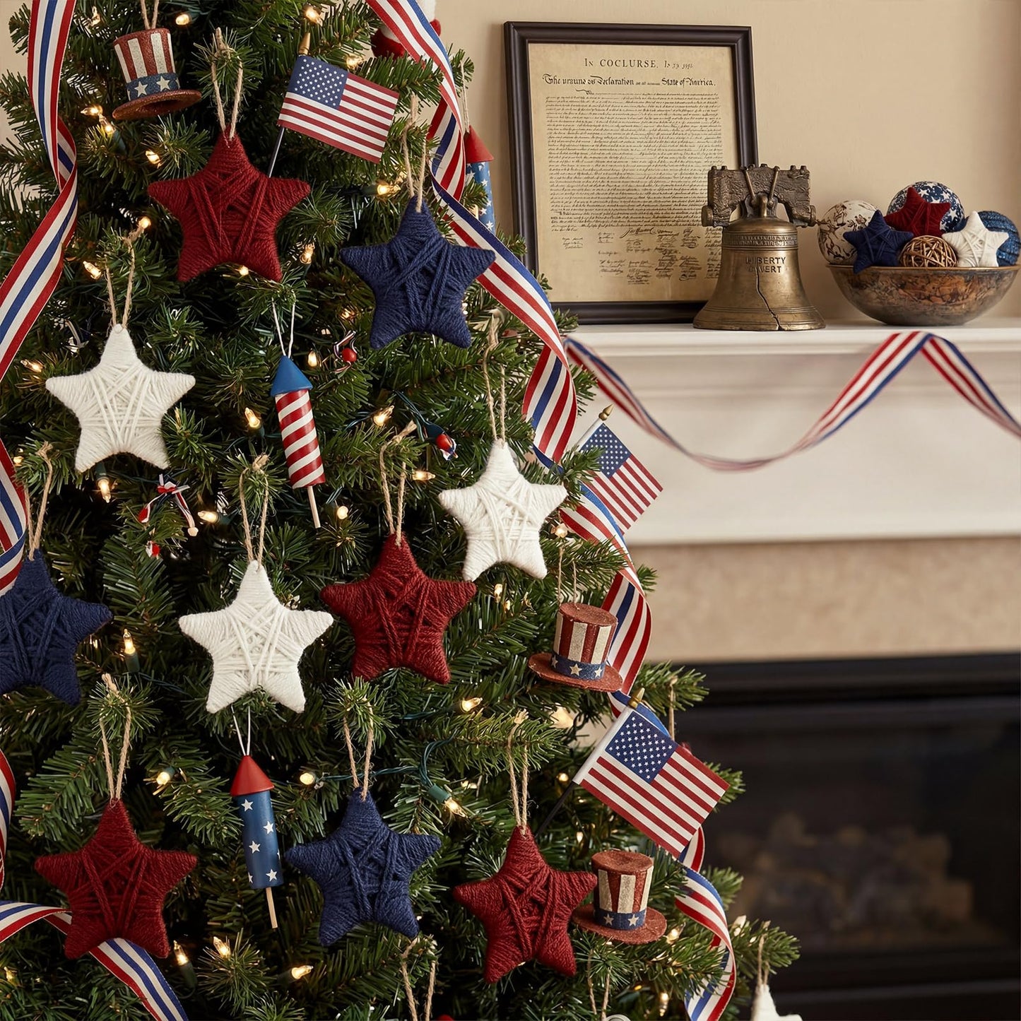 Daifunli 24 Pcs 4th of July Patriotic Ornaments Yarn Red Blue White Star Ornaments Farmhouse Handmade Star Vase Bowl Fillers Hanging 250th Anniversary Decoration for Home Small Tree Table Wreath Decor