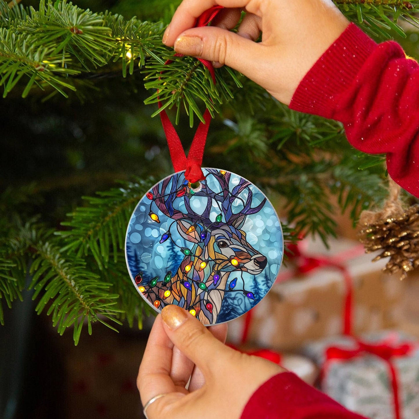 Fastpeace Reindeer Acrylic Ornament - Stained Glass Style Reindeer Decoration Hanging for Family