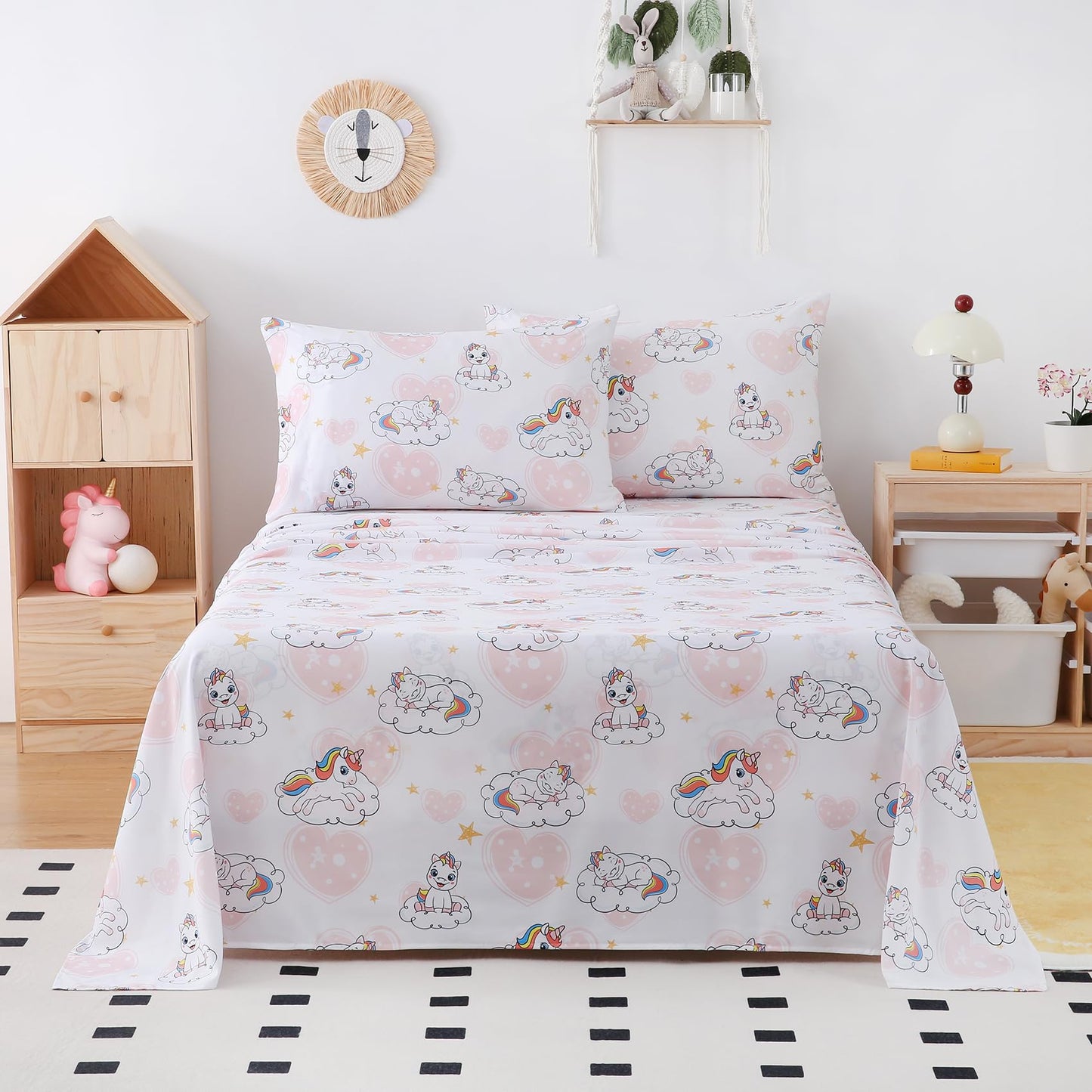 Yibeizi Twin Sheets Set Kids, Unicorn Pattern Microfiber Single Bed Sheets, Cute Heart Soft Oeko-Tex Extra Deep Pocket Sheets & Pillowcases Cooling Hypoallergenic Wrinkle Free Bedsheets
