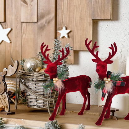 Lotus Hills 2 pcs Reindeer Christmas Decorations, Flocking Christmas Reindeer Figurines with Red Buffalo Plaid Bow, Deer décor Christmas Table Centerpieces Decorations