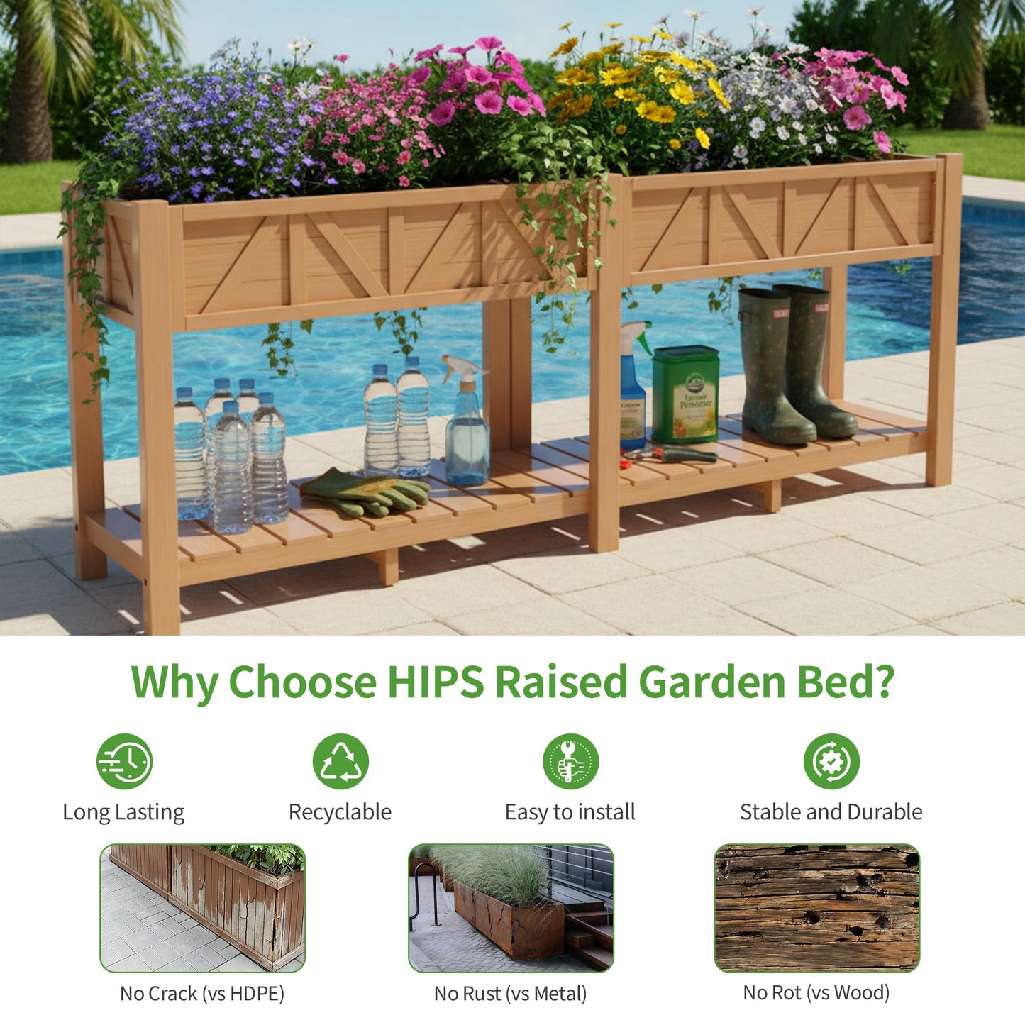 HIPS Elevated Raised Garden Bed with Legs,72"L x 17.3"W x 28.7"H Large Outdoor Planter Box with Storage Rack,All-Weather Raised Bed Planters with 6 Hooks & 2 Non-Woven Liner for Vegetables Flower Herb