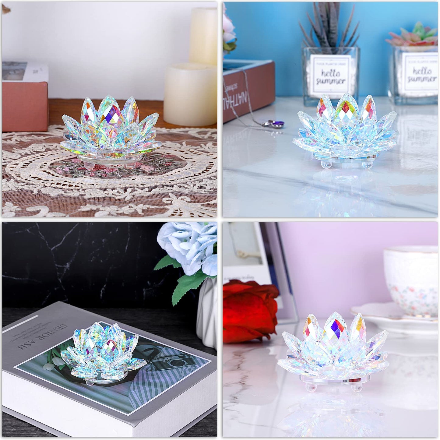 OwnMy 3 Inch Sparkle Crystal Lotus Flower Figurines Decorative Lotus Flower Ornament, Glass Lotus Feng Shui Decor Crystal Flower Paperweight for Home Office Tabletop Centerpieces