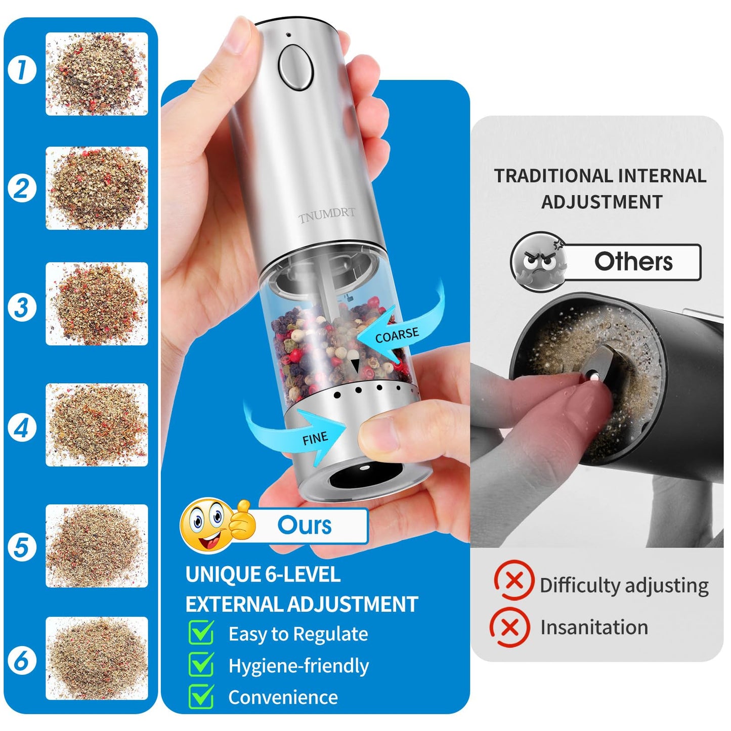 Electric Salt and Pepper Grinder Set Stainless steel,Large Capacity Automatic Pepper Mill Grinder with Upgraded Rechargeable Base and LED Light, Variable Grinding Speed, External Adjustable Coarseness