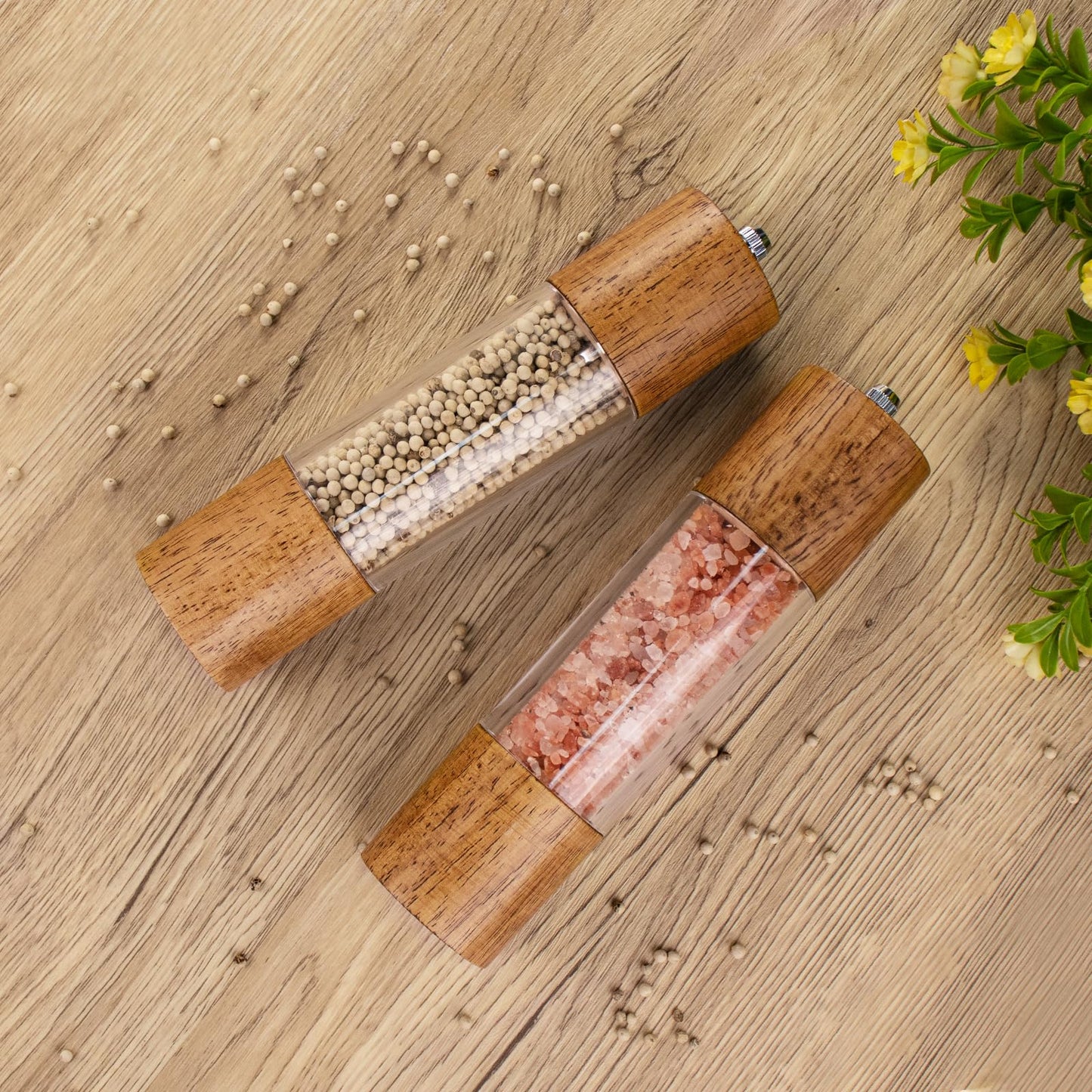 Haomacro 2 Pack Salt and Pepper Grinder Set, Premium Acrylic Salt and Pepper Mills - Manual Oak Wooden Shakers with Adjustable Ceramic Core-8 Inches