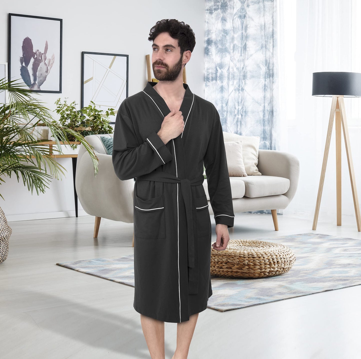 NY Threads Luxurious Men's Knit Robe Cotton Blend Dressing Gown, X-Large, Black