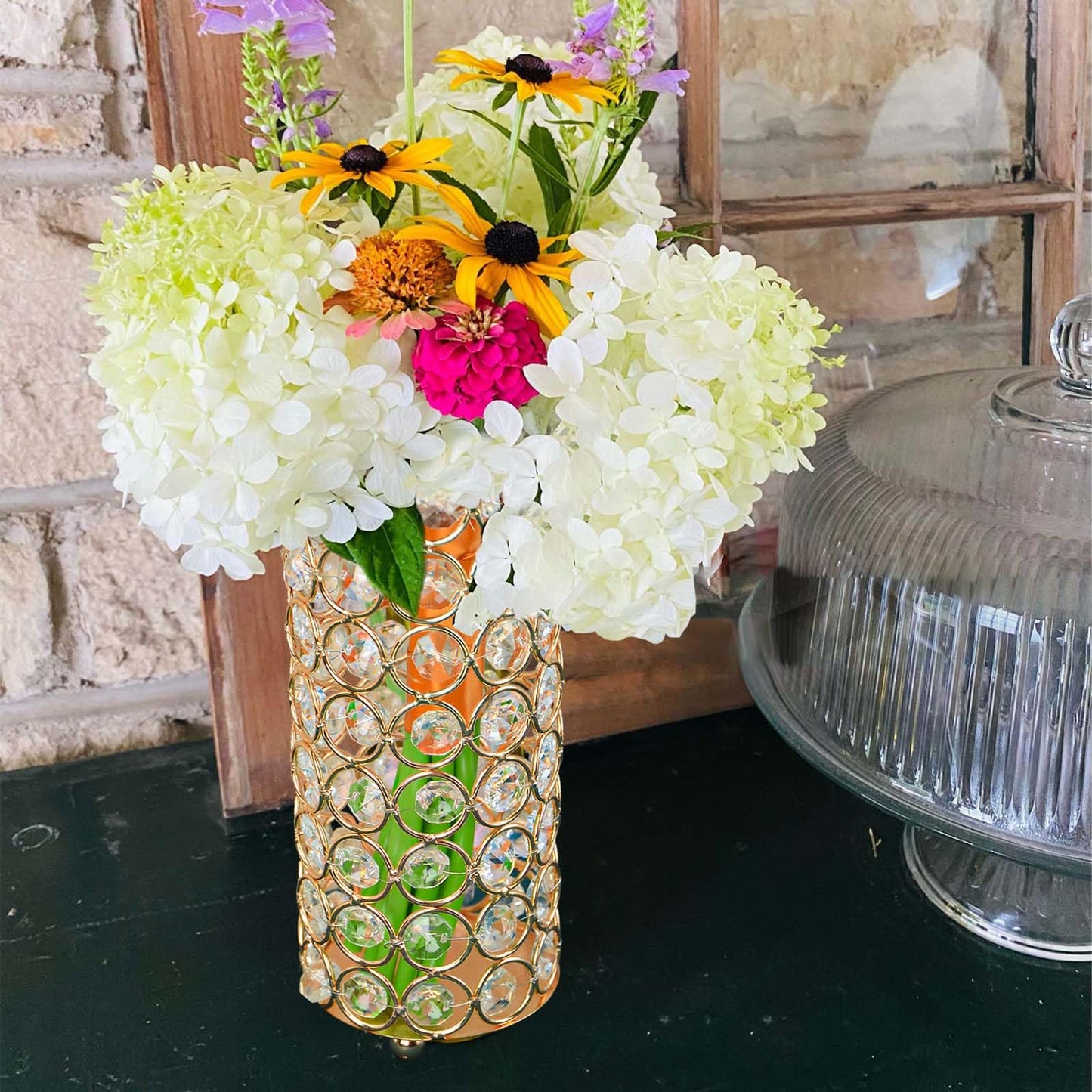 KEHAIL 8 Pcs Crystal Metal Vase Centerpiece, 7.9" Cylinder Flower Vase and Hollow-Out Candle Holder for Wedding, Party, Home Table Decor (8, Gold)