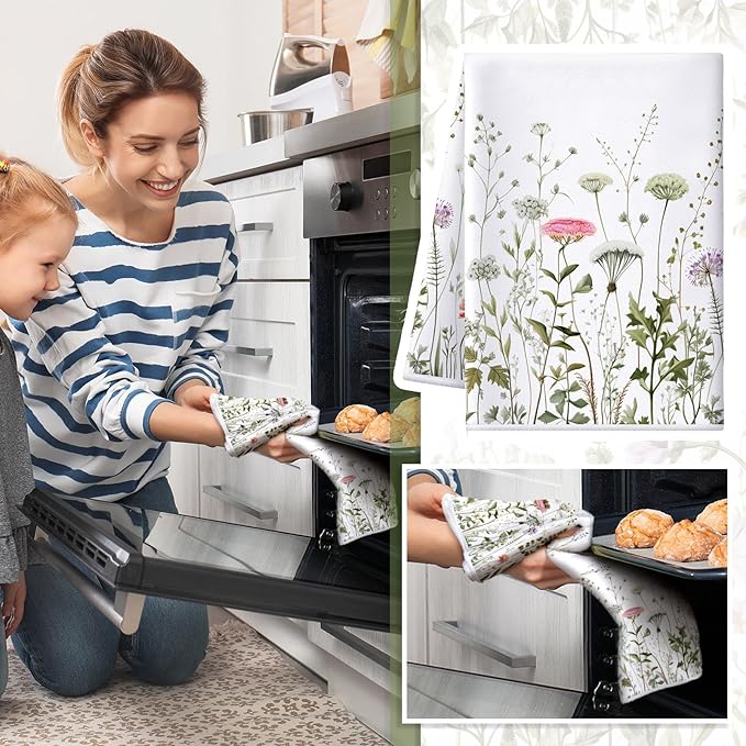 Bencailor 4 Pcs Wild Flower Kitchen Towels Wildflower Floral Hand Dish Towels