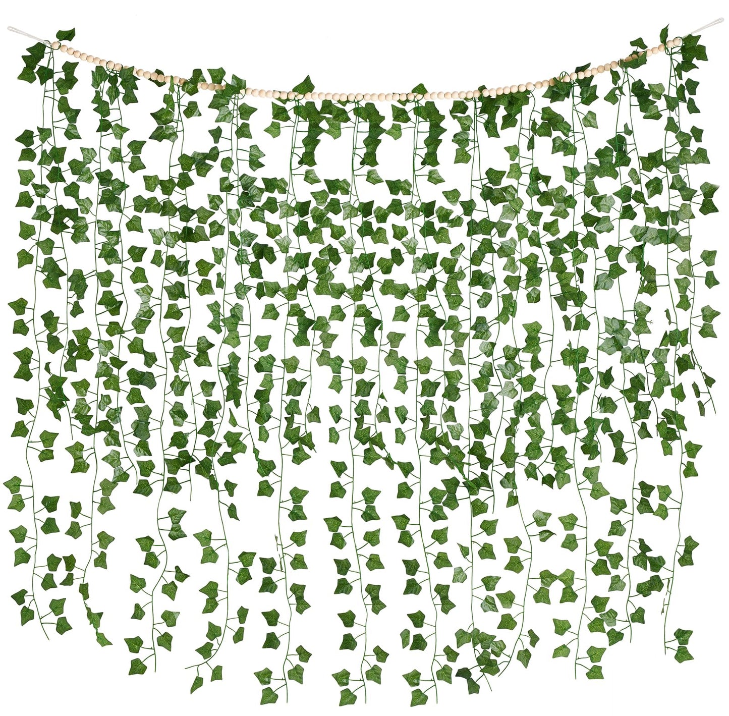 Mkono Hanging Fake Vines for Bedroom Wall Decor Artificial Plant Leaves with Wood Beads Set Indoor Greenery Ivy Garland for Living Room Apartment Christmas Wedding Party Teen Girl Room