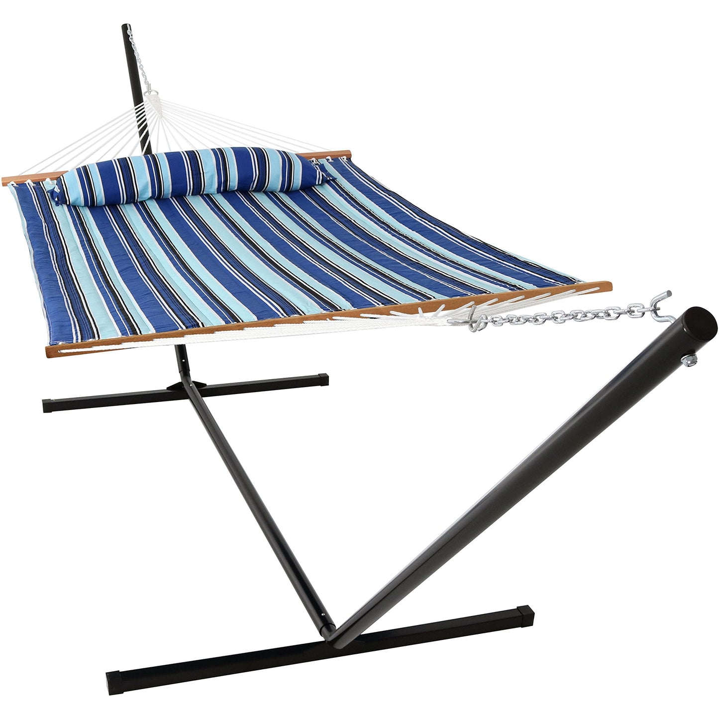 Sunnydaze Quilted Double Hammock with Stand for Outside - 400-Pound Capacity 2-Person Hammock with Stand - 15-Foot Stand - Catalina Beach