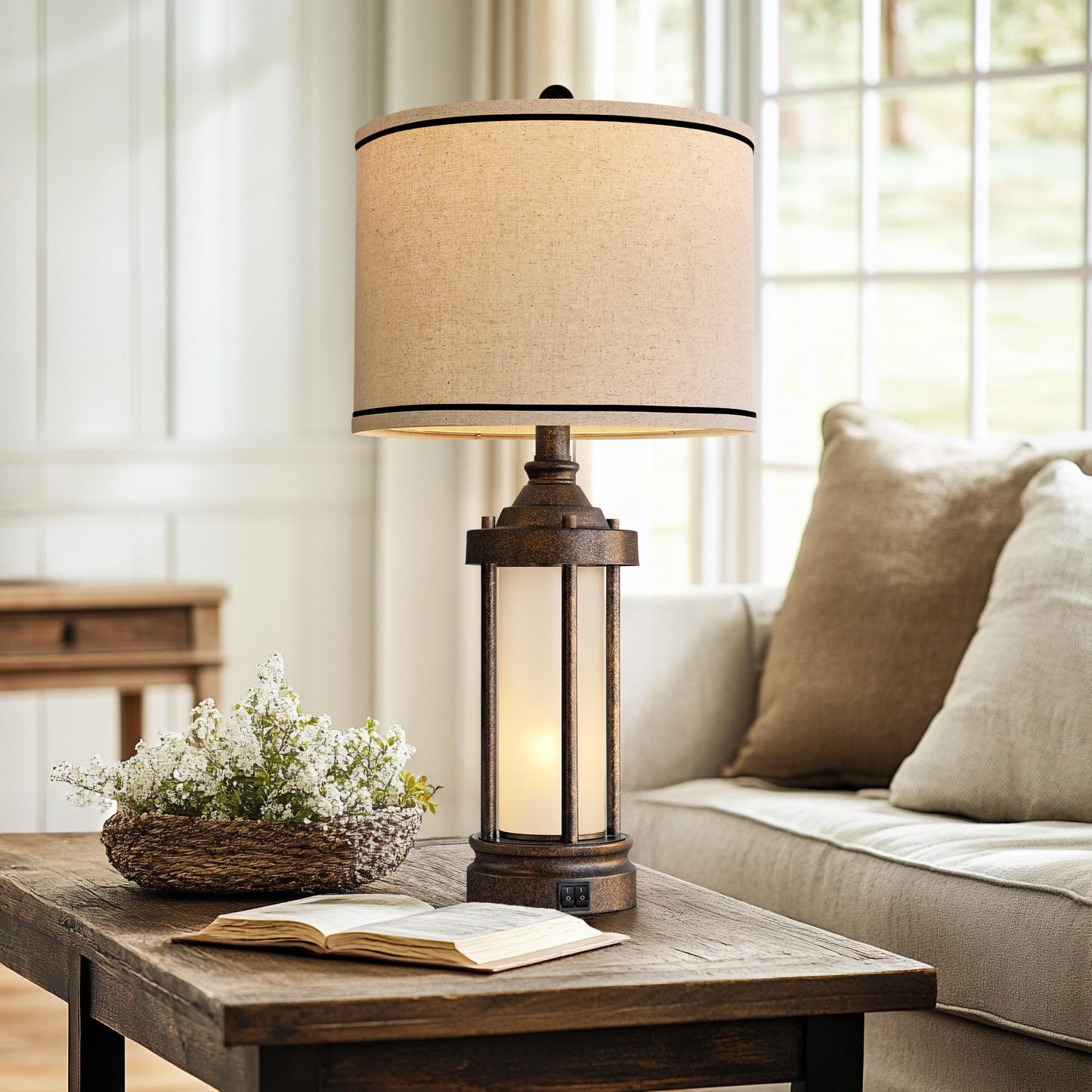 25'' Table Lamps Set of 2 for Living Room Bedroom Farmhouse Metal Lamps with 2 USB Ports, Built-In Frosted Glass Night Light Vintage Industrial Nightstand Bedside Lamp, 4 Bulbs Included, Bronze