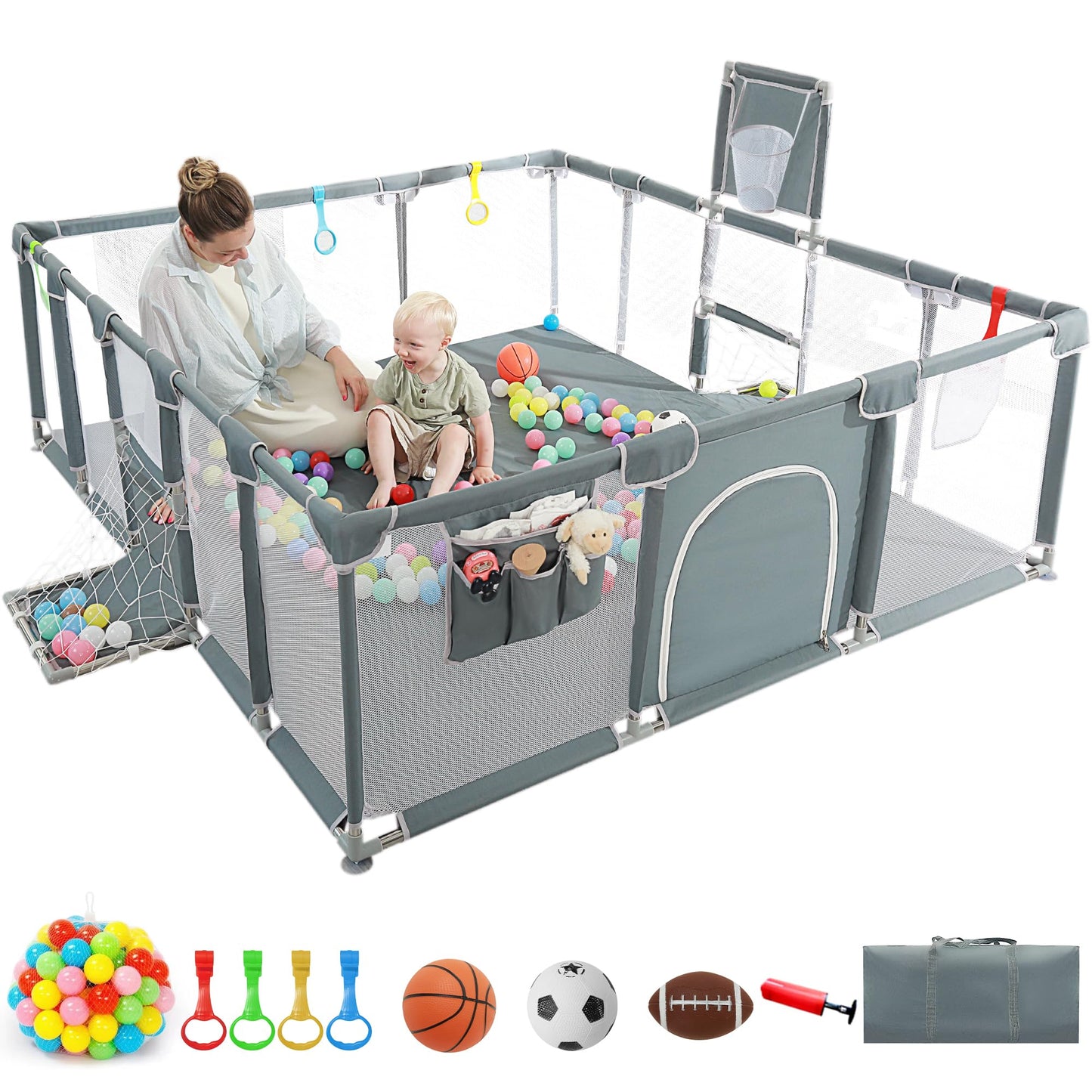 XNWQL Baby Playpen, 79"x71" Indoor ＆ Outdoor Playpen with Breathable Play Pen with Ocean Balls Hanging Pocket Basketball Hoop and Football Goal