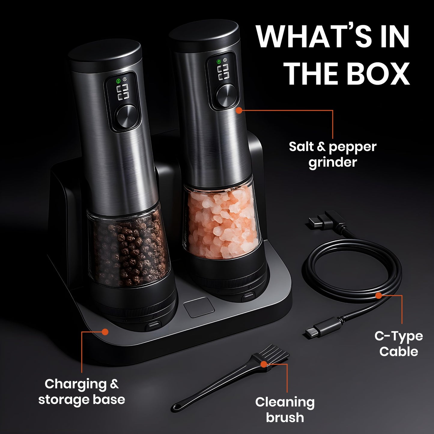 Electric Salt and Pepper Grinder Set, Automatic Rechargeable Salt and Pepper Grinder Set with 5 Adjustable Coarseness, Charging Base, LED Light Electric Salt and Pepper Shakers Set 100mL base (2-Pack)
