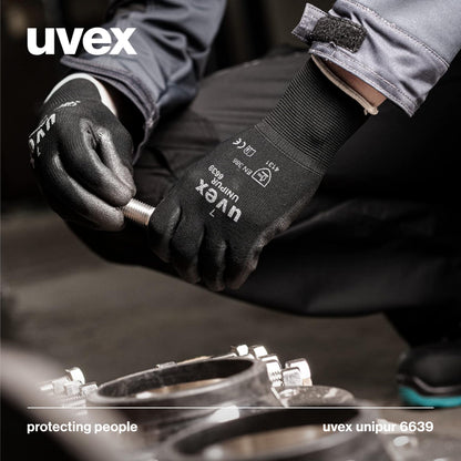 10 pairs of Uvex Unipur 6639 protective work gloves with PU coating against mechanical risks, EN 388