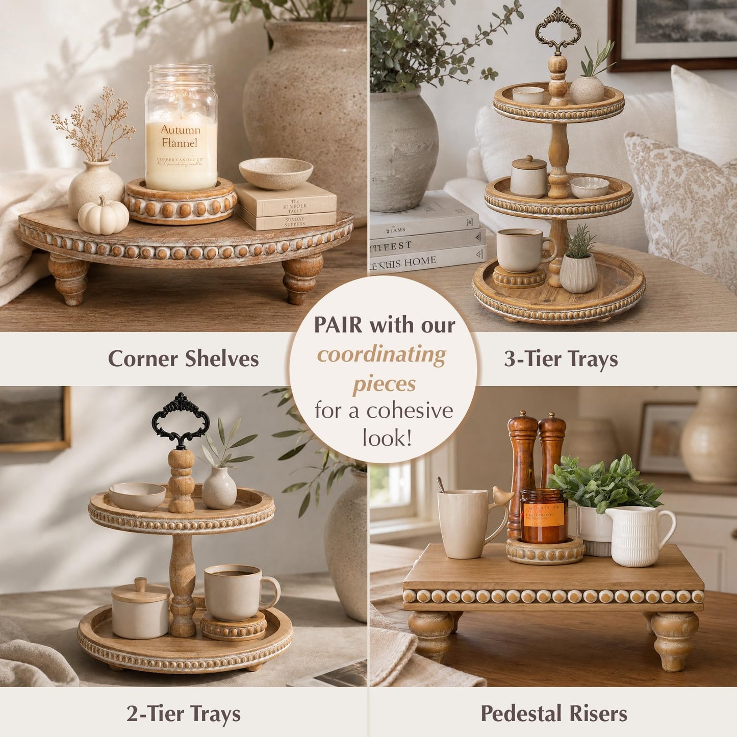Candle Pedestal [Set of 2] Round Rustic Wood Beaded Risers - Sturdy 2-Sided Stackable Decor Pedestal Stands for Tiered Tray, Candle, Mug Display, Risers Display Stands (Rustic Brown, 5 inch)