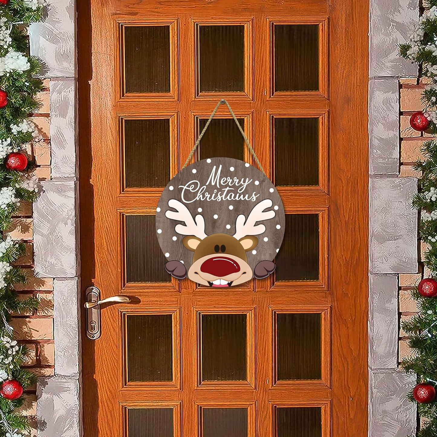 SIKERIC Merry Christmas Reindeer Door Hanger, 11.4''x11.4'' Wooden Christmas Wall Decor Plaque for Home Party Porch Entryway