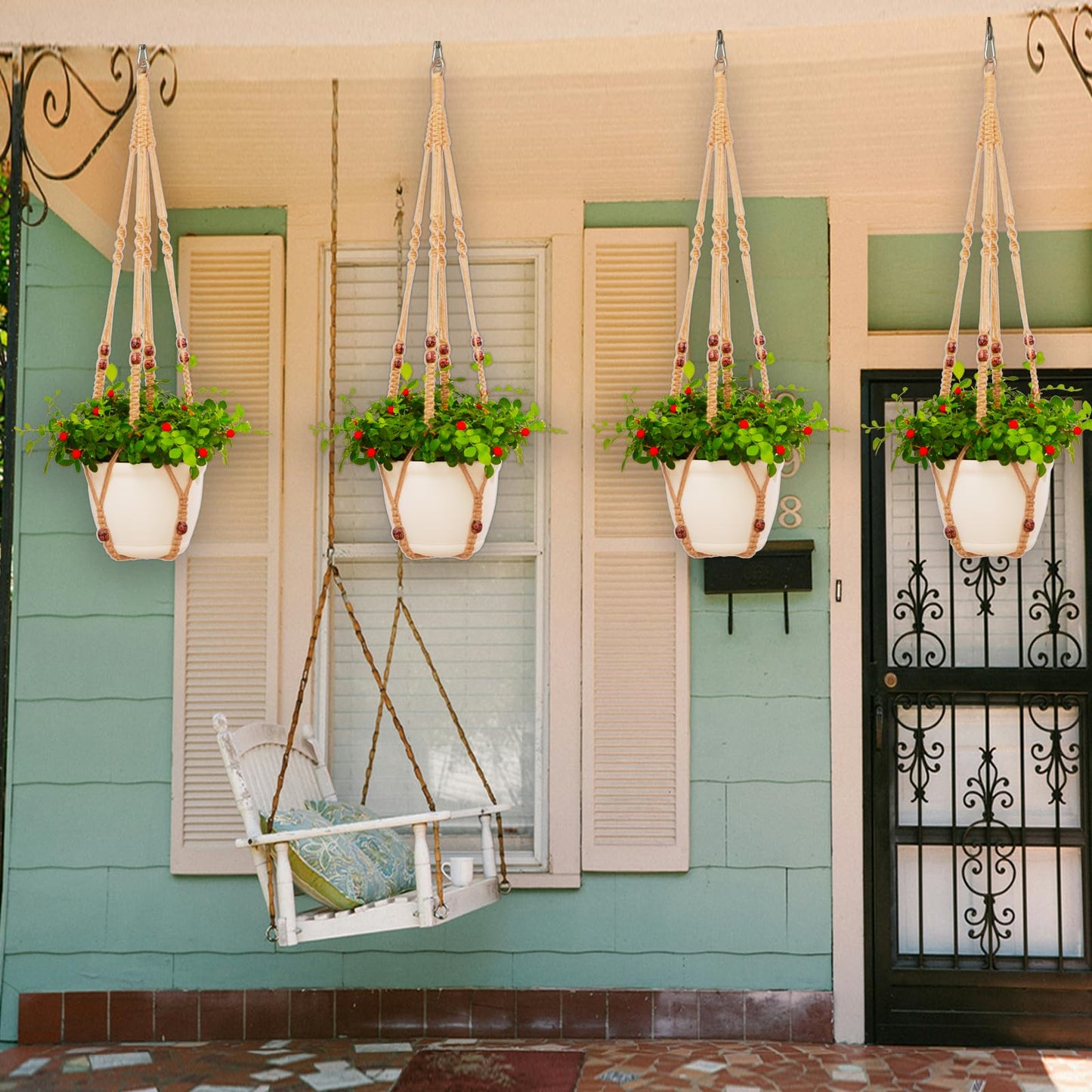 petonfun Macrame Plant Hanger Indoor Set,Hanging Planters for Indoor Plants Outdoor,Hanging Plant Holder Basket Pot with 8 Hooks,Boho Home Decor Crochet Beads Window Ceiling,No Tassels 4 Pack,Brown