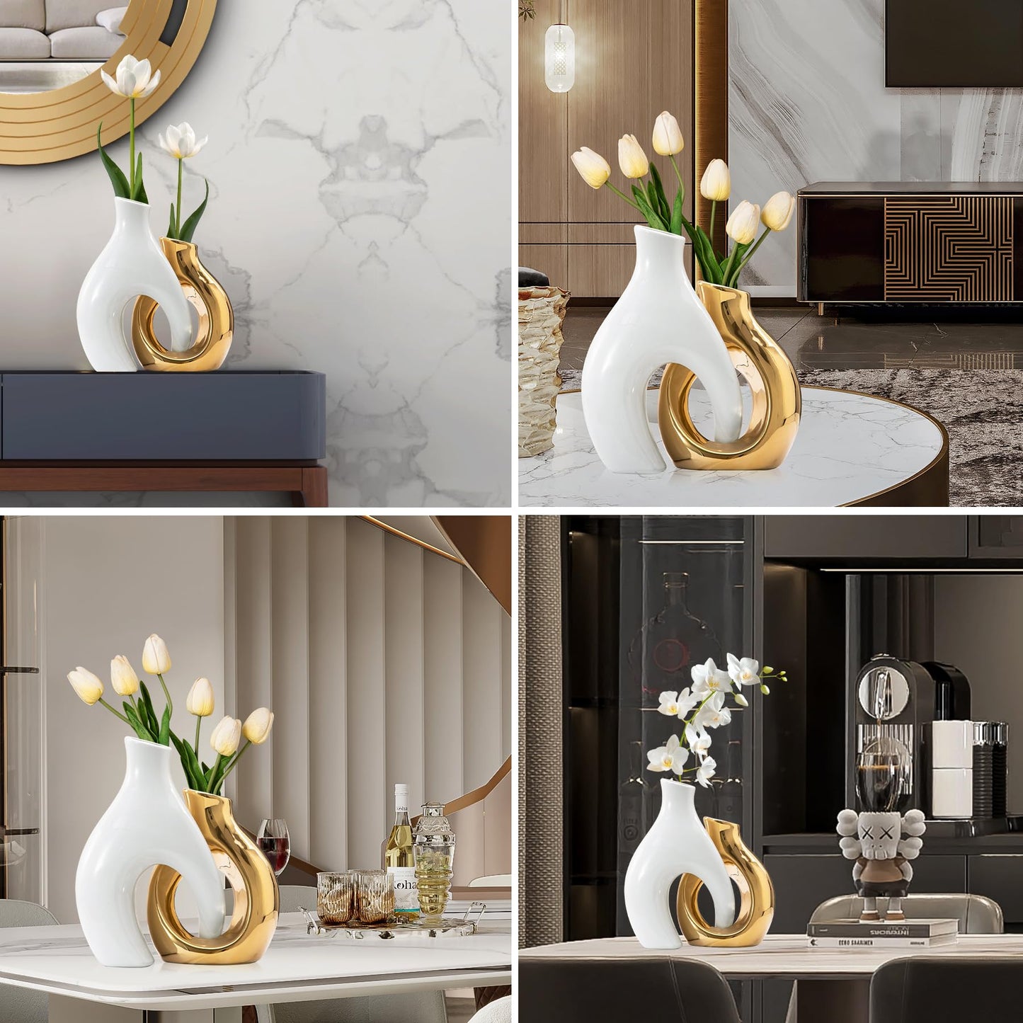 TZIZO Gold Vases Set of 2, Ceramic Flower Vase for Home Decor