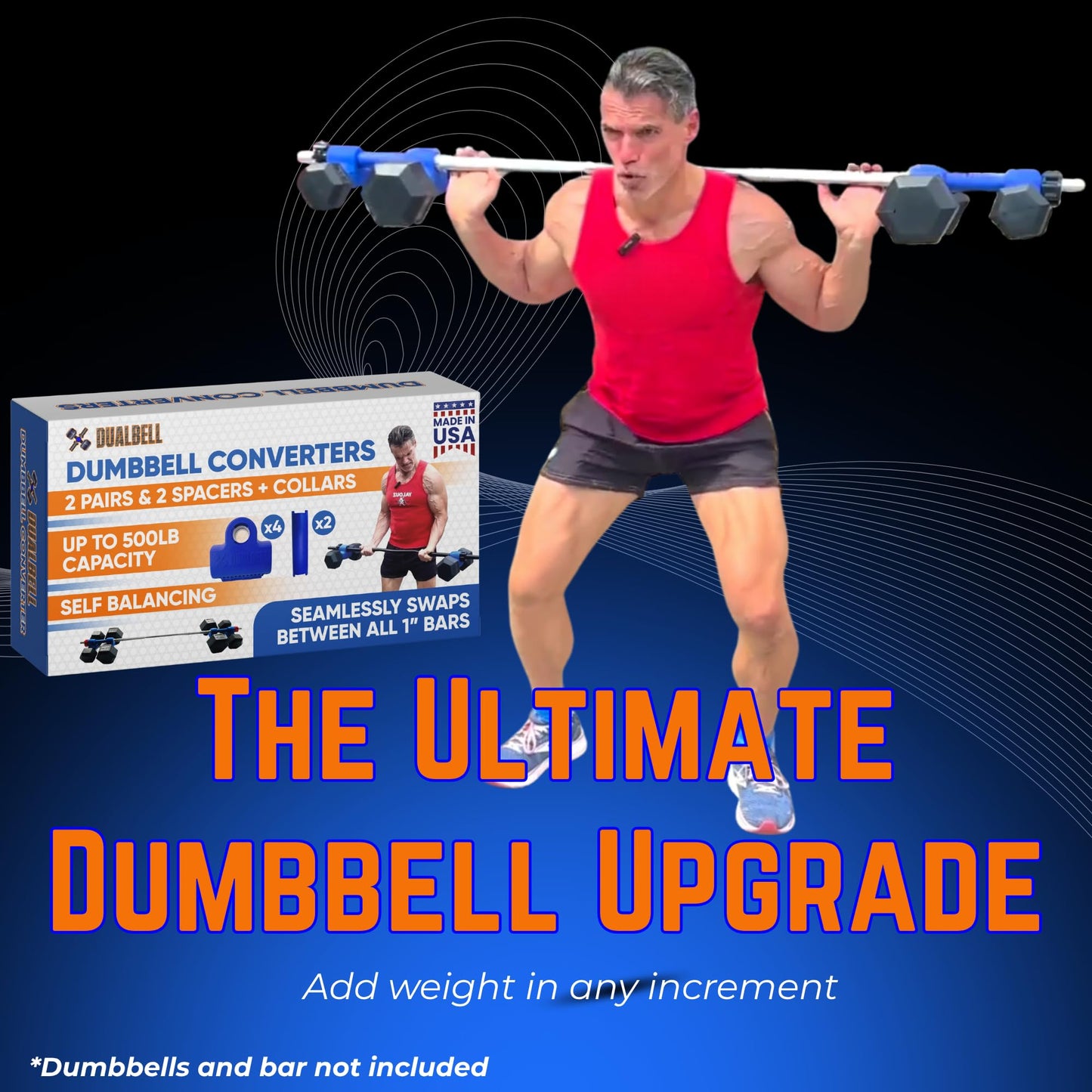 Blue DUALBELL Superset for 1” bar and black weight collars- Home gym dumbbell to barbell adapters - Connect Dumbbells to 1” standard diameter bar to replace weight plates- holds up to 100lb dumbbell