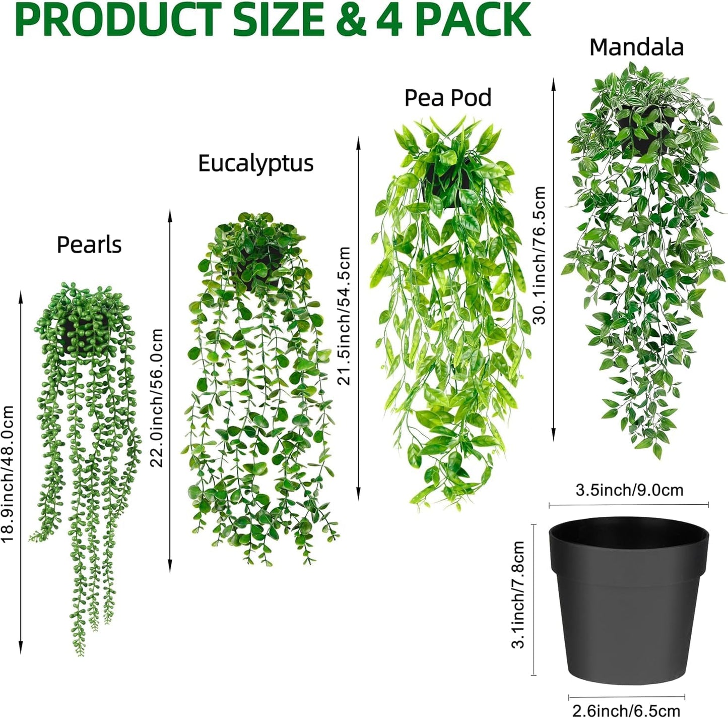 Palonu 4 Pack Faux Artificial Hanging Plants, Fake Potted Greenery with Eucalyptus Vine, Mandala, Pea Pod Leaves & String of Pearls in Pots for Office, Living Room, Bathroom, Indoor & Outdoor Décor