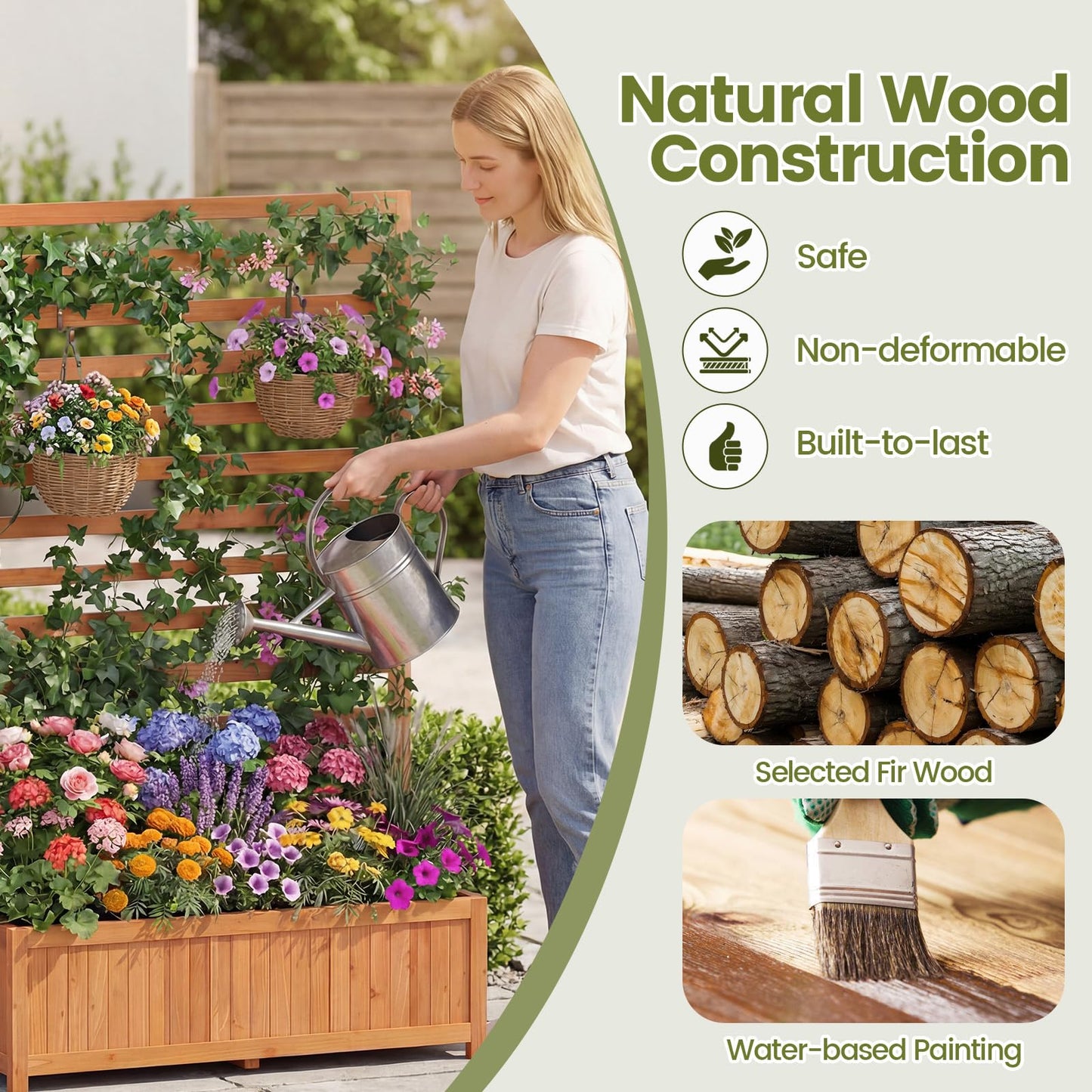 Giantex Set of 2 Raised Garden Bed with Trellis, 59” Tall Planter Box with Liner, Drainage Gaps for Climbing Vine Vegetable Flower, Indoor Outdoor Freestanding Privacy Screen for Porch Patio Yard