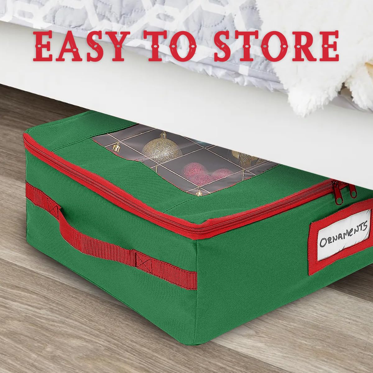 HOLDN’ STORAGE Christmas Ornament Storage Box with Dividers - Fits 48-3” Ornaments, 2 Removable Trays, Durable & Space-Saving, Clear Top Lid, Fits Underbed, Green