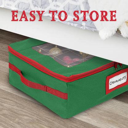 HOLDN’ STORAGE Christmas Ornament Storage Box with Dividers - Fits 48-3” Ornaments, 2 Removable Trays, Durable & Space-Saving, Clear Top Lid, Fits Underbed, Green