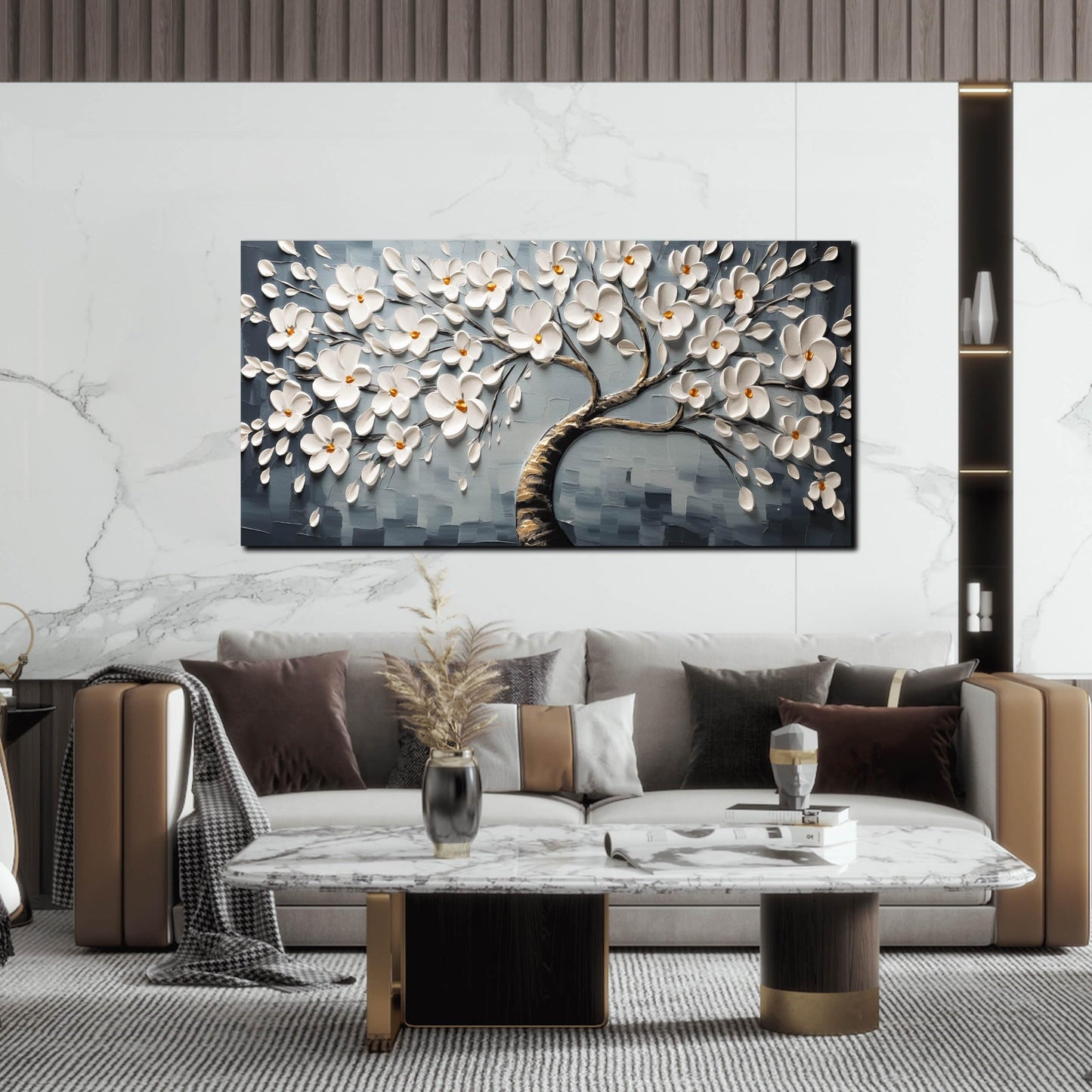 Canvas Wall Art for Living Room White Flowers Tree of Life Picture Print Paintings Large Framed Bedroom Wall Decor Artwork Modern Gallery Plant Wall Decorations Size 24x48 inch Ready to Hang