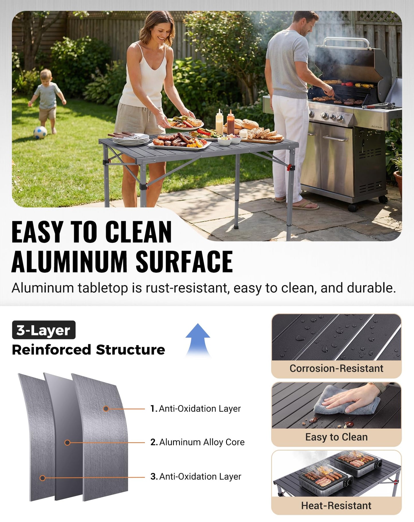 KingCamp Folding Camping Table Foldable Loads 265 Lbs, 42.1"× 27.6" Portable Table 3 Adjustable Height Aluminum Roll Up Camp Table with Carry Bag for Camping Picnic BBQ Backyard, Indoor & Outdoor