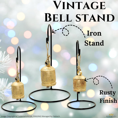 Pack of 3 Golden Bells with Metal Stand in Black Colour in Single Pack, Harmony Cow Bells Christmas Hanging XL Bells On Rope (3, Round)