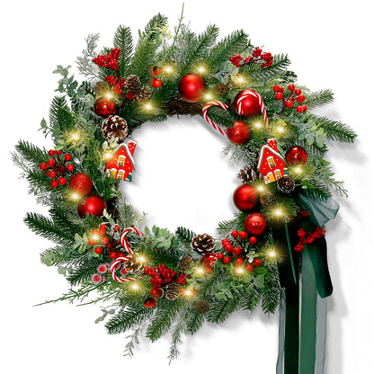 20" Christmas Wreath for Front Door, Christmas Door Wreath Decoration with Ball Ornaments, Red White Candy, Pine Cones Berries & Bow, Holiday Decoration