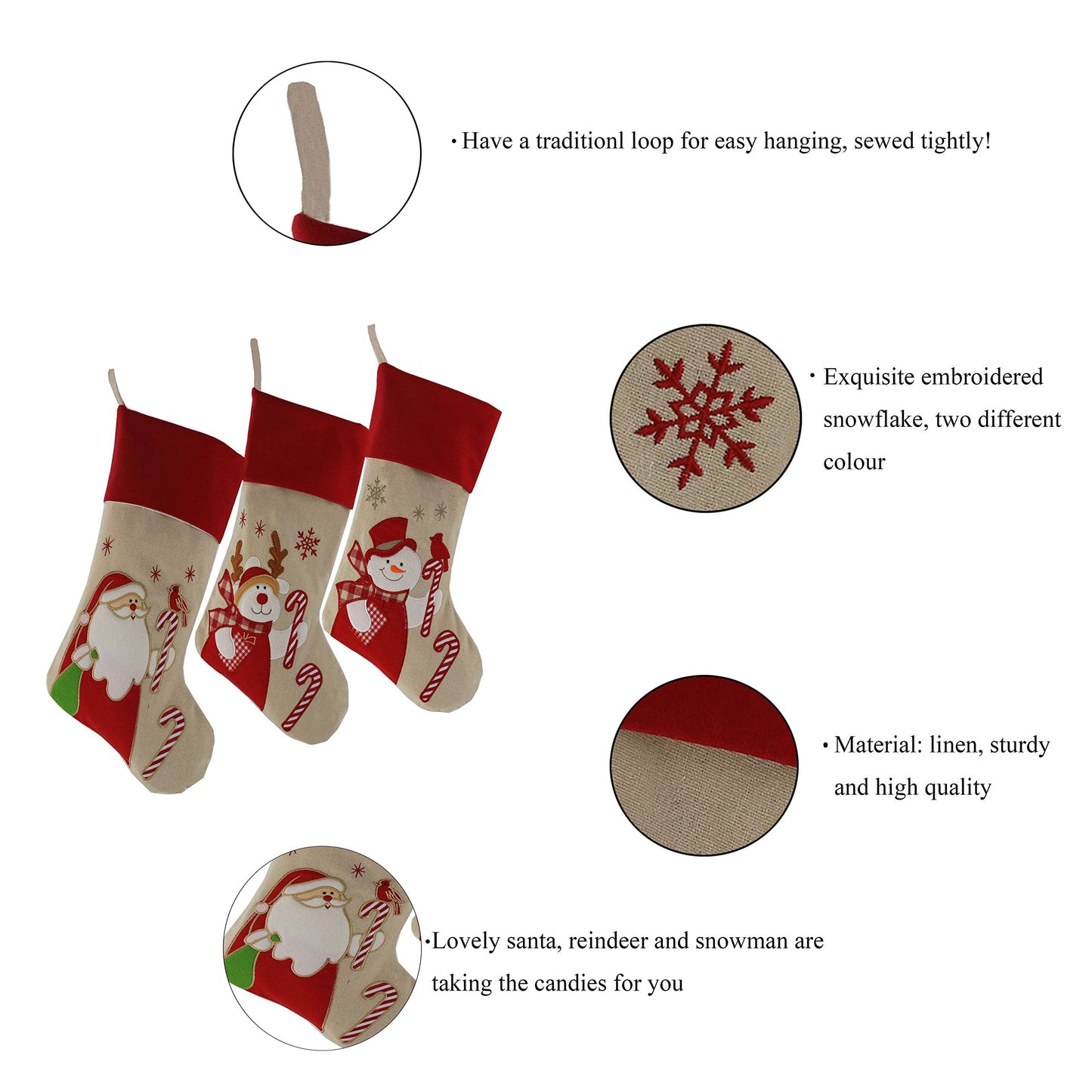 WEWILL Lovely Christmas Stockings Set of 3 Santa, Snowman, Reindeer, Xmas Character 3D Plush Linen Hanging Tag Knit Border, 17 Inch