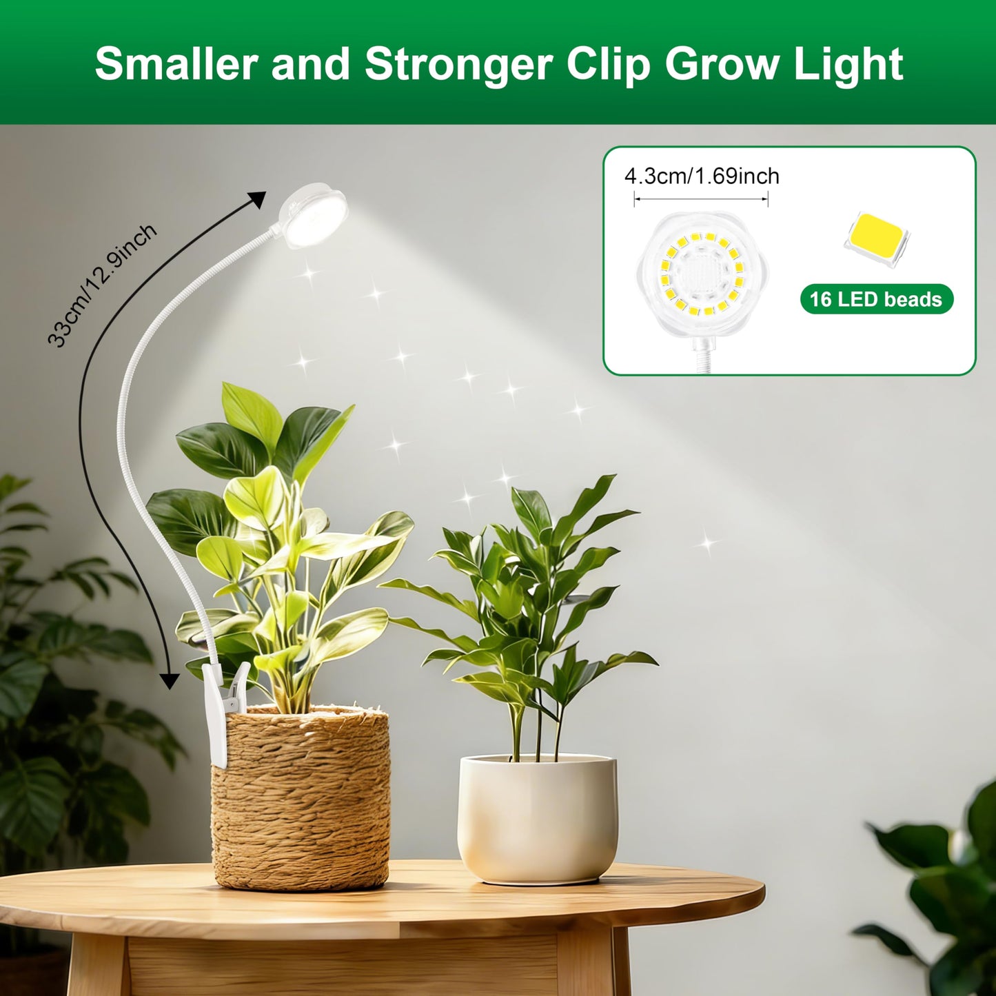 Hywyimlait Grow Lights for Indoor Small Plants, Pot Clip Plant Growing Lights, LED Full Spectrum, Grow Lamps with 4 Level Dimmable, Auto Timer 6/12/ 16 Hrs for Succulents, White 1 Pack