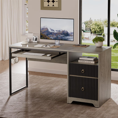 Bestier 55 Inch Computer Desk with Keyboard Tray, Modern Office Desk with Storage, Wood Writing Desk with File Drawer, Fluted Panel & 2 Hooks for Home Office & Studio, Grey