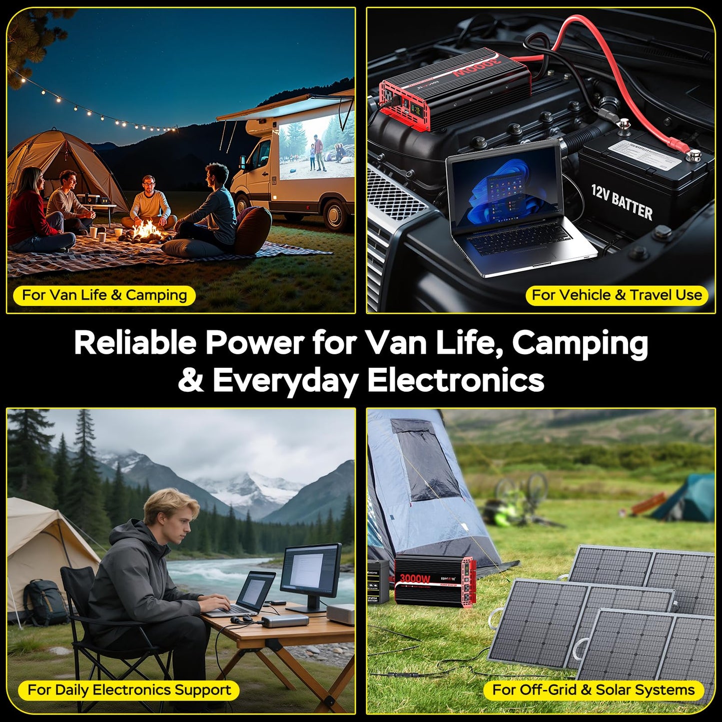 3000 Watts Power Inverter 12V DC to 110V/120V AC Converter Peak Power 6000W Car Inverter with LCD Display, 2 AC Outlets, 3.1A USB Port for RV, Camping,Truck, Boat, Off-Grid Solar System