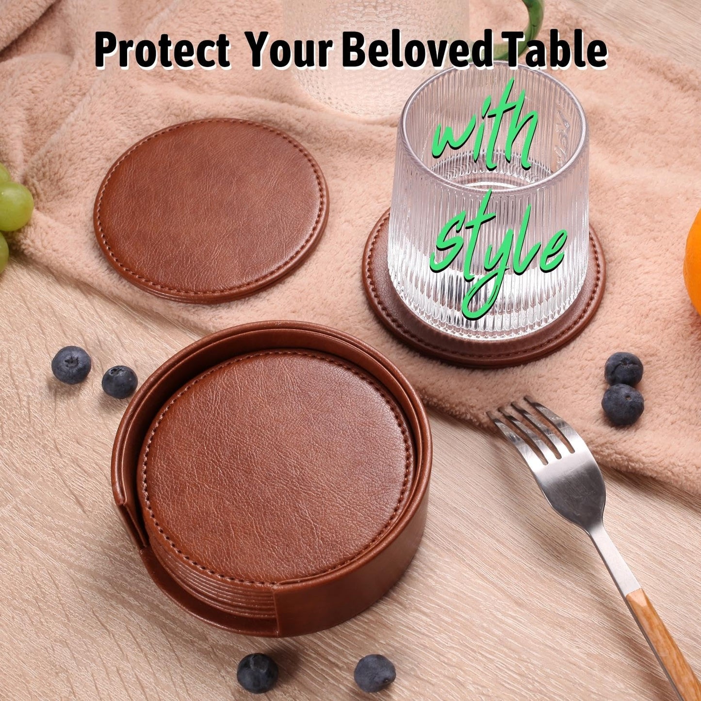 Lorteme Drink Coasters with Holder, 4" Leather Coasters for Drinks Set of 6 for Tabletop Protection, Elegant Home Decor & Handmade Housewarming Gift - Brown