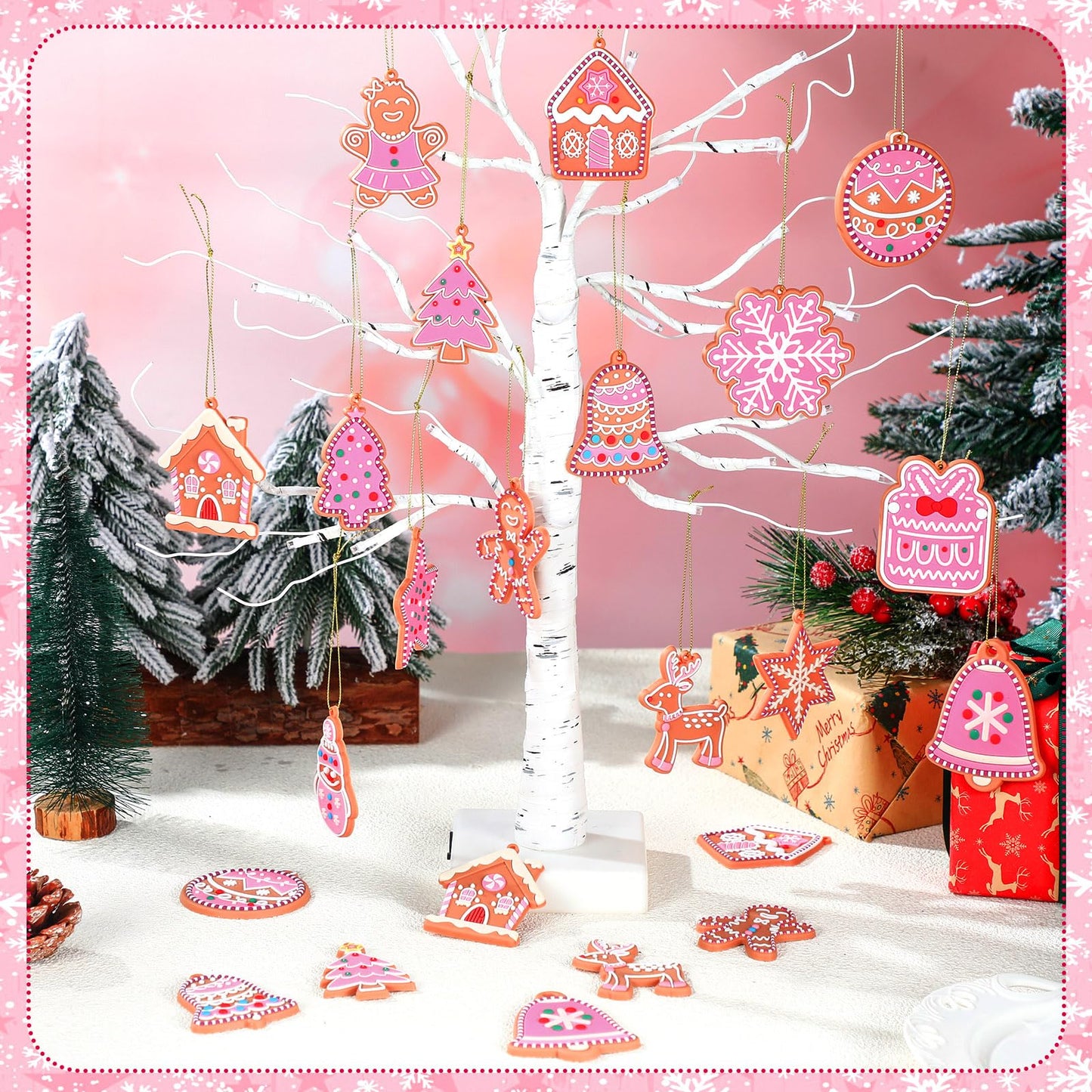 Vertintong 30 Pcs Pink Christmas Gingerbread Hanging Ornaments Pastel Gingerbread Ornaments Soft PVC Christmas Tree Wall Hanging Decoration for Xmas Party Office Home Decor Winter