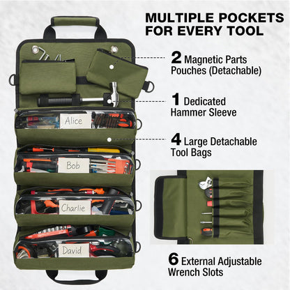 HISEA Roll Up Tool Bag, Heavy Duty Tool Storage Large-Capacity, 27"*14" Portable Tools Organizer with Utility Detachable Pouches, Waterproof Tool Roll Bag for Mechanic, Electrician, Gifts
